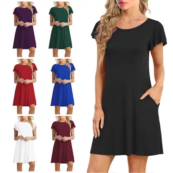 Trending Women O Neck Above Knee Length Dress Casual Solid Color Loose Mini Dresses Summer Short Sleeve Pullover Long T-shirt