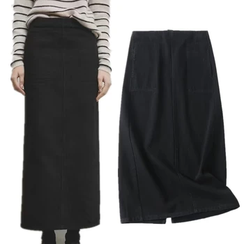 Elmsko šiaurietiškas minimalistinis juodas džinsinis sijonas moterims 2024 m Pavasario medvilnė Aukštas juosmuo Tiesūs midi sijonai