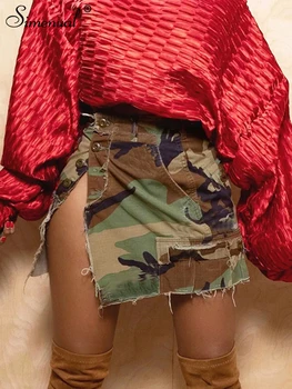 Simenual Harajuku Kamufliažas Moterys Mini sijonas Seksualus šoninis Split Buttons Kišeninis Patchwork Drabužiai Pavasario vasaros hipsterių gatvės drabužiai