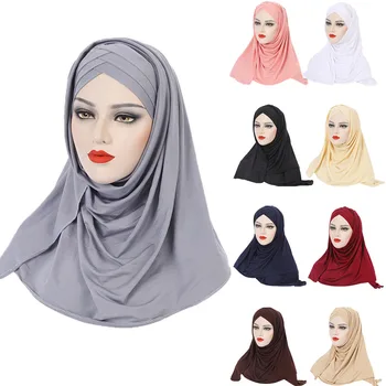Pull On Ready Wear Instant Hijab Long Scarf Muslim Women Cross Turban Islam Amira Headwear Femme Wrap Shawl Scarves Solid Color