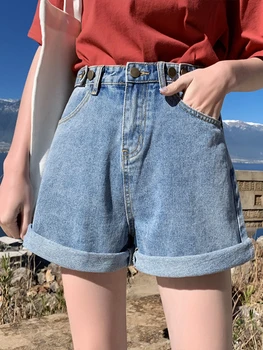 Naujos vasaros moterys aukštu juosmeniu plačių kojų džinsiniai šortai Atsitiktiniai moteriški laisvi drabužiai Laisvi gatvės drabužiai Vienspalviai tiesūs džinsai Šortai