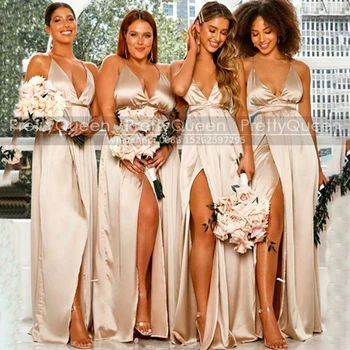 A Line Bridesmaid Dresses Spageti Plunging Neck Side Split Long Sexy Women Bridal Party Dress Maid Of Honor