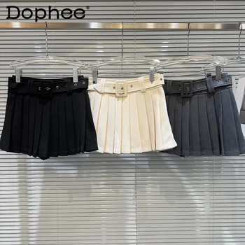 Vienspalvis vilnonis plisuotas sijonas Moteris 2023 Rudens žiema Naujas diržas Dekoratyviniai mini sijonai moterims Korėjos mados drabužiai