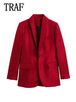 TRAF 2024 Moterų biuro laisvalaikio švarkai Madingas aksomas Raudonas siuvimas ilgomis rankovėmis sagos švarkas Moteriškas švarkas