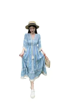 2023 Moteriškų drabužių vasara, nauja nacionalinė vėjo v-kaklo siuvinėjimo nėrinių suknelė
