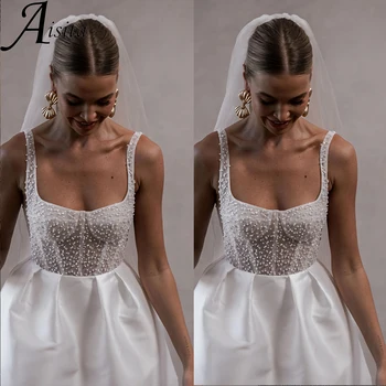 Elegantiška trumpa vestuvinė suknelė Bohemiškas apykaklės kaklas Satin Tiulis Mini nuotakos suknelės A-Line karoliukais Elegantiškos ir gražios moteriškos suknelės