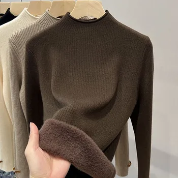2023 Ruduo Žieminis megztukas Moteriškas megztinis Dryžuotas pusiau aukšta apykaklė Vieno gabalo pliušinis megztinis Casual Slim Thicken Šiltas apatinis megztinis
