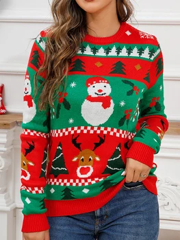 Moterys Kalėdinis megztinis Kontrastinės spalvos Animacinis filmas Sniego senis Briedis Žakardo ilgomis rankovėmis megztiniai Įgulos džemperiai Kaklo džemperiai