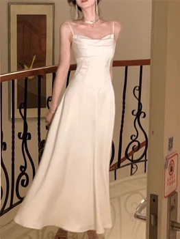 Midi suknelės Moterys Vasara 2023 Nauja mada Elegantiškas vestuvių vakarėlis Gimtadienis Spagečių dirželis Plona suknelė Korėjietiški Prom drabužiai