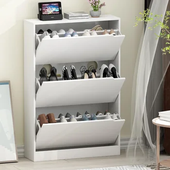 Medinė batų spintelė su 3 atverčiamais stalčiais, paslėpta batų laikymo spintelė įėjimui, laisvai stovinti batų lentynų laikymo organizatorius.Balta