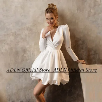 ADLN trumpos vestuvinės suknelės 2023 Civilinė vestuvinė suknelė V kaklas A-line Mini ilgomis rankovėmis Mažas baltas chalatas De Mariee nuotakos kostiumas