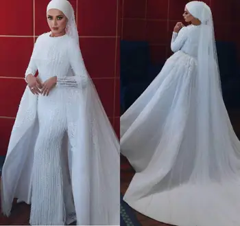 Musulmoniškos vestuvinės suknelės su nuimamu sijonu Nėrinių karoliukais Šalies vestuvinė suknelė Šlavimo traukinys Pagal užsakymą pagamintos Vestidos de Novia