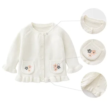 2023 Rudens žiemos mergaičių megztinis Medvilninis megztas gėlių siuvinėjimas Kūdikių mergaičių paltas Kišenė Viengubas krūtinė Mažylis Mergaitė Paltas
