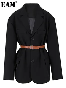 [EAM] Moterys Juodos diržuotos Didelio dydžio elegantiškas švarkas Naujas atlapas ilgomis rankovėmis Laisvas prigludęs švarkas Fashion Tide Pavasario ruduo 2024 CPG0771