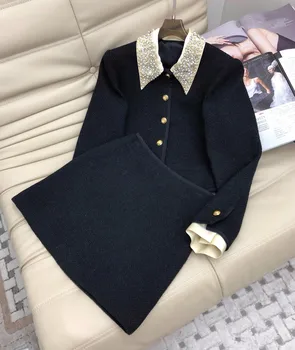2023 Moteriški drabužiai Karoliukai Deimantinės lėlės apykaklės megztinis + A linijos vilnonis sijonas dviejų dalių komplektas Rudens žiema Nauja