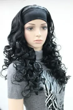 Lastest style 3/4 su galvos juosta, plaukais, ilgais juodais, garbanotais moteriškais pusiau Cosplay perukais