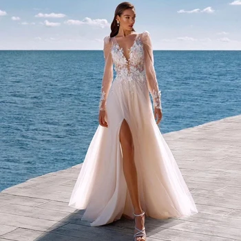 Eightree 2023 A-Line vestuvinės suknelės Boho Beach V-Neck aplikacijos Nuotakos suknelė Balta ilgomis rankovėmis Vakariniai vestuviniai chalatai plius dydis