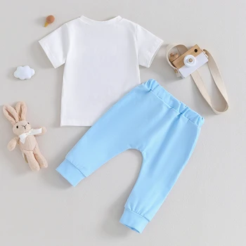 Baby Boy Velykų apranga Trumpomis rankovėmis laiškų marškinėlių viršūnės ir jogger kelnės Mažylio pavasario drabužiai