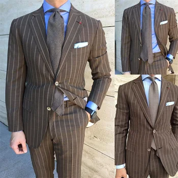 Handsome Brown Stripes Lapel Mens 2 Piece(Paltas+Kelnės ) Pritaikyti 