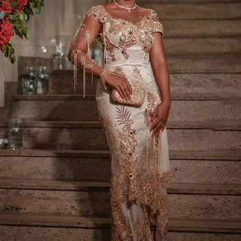 Prabangi balta nėriniuota vakarinė suknelė Saudo Arabija Fringe siuvinėta Prom suknelė Long Applique Crystal Formal Party Gown Vestido De G