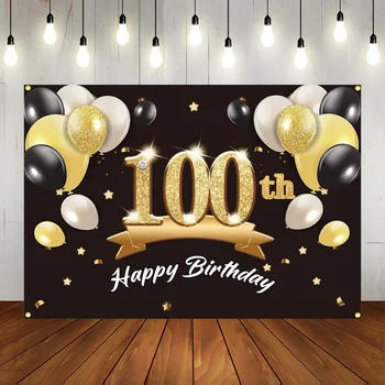 Laimingas 100-ojo gimtadienio vakarėlis Vyrai Moterys Fono reklamjuostė Juodas auksas Žvaigždės Balionai Šimto metų jubiliejus Fono plakatas