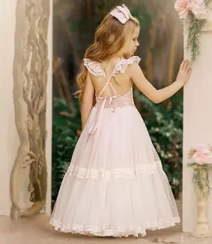 Miela gėlių mergaitės suknelė vestuvėms Tiulio aplikacija be rankovių nėrinių pūkuotas princesės vaikas Pirmoji eucharistinė gimtadienio šventės suknelė