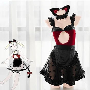 Miela juoda katė Gilr retro taškinė suknelė Moterys Anime Tuščiavidurė tarnaitė Unifrom Apranga Kostiumai Cosplay 2023 Nauja