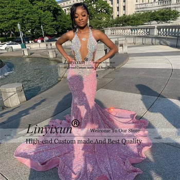 Sexy Pink Velvet Mermaid Prom Suknelės juodaodėms merginoms Karoliukais Blizgučiai Oficialūs vakariniai vakarėlių chalatai Teismo traukinys Chalatai de soiree