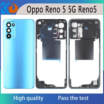 Galinis korpusas Oppo Reno 5 5G Reno5 Vidurinio rėmo baterija Uždenkite galines duris su fotoaparato objektyvo mygtuku