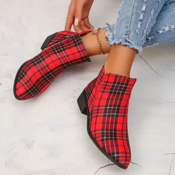 Kulkšnies batai moterims 2023 Retro raudonas pledas Moteriški Chelsea batai Lauko laisvalaikio platformos batai Klasikiniai šoniniai užtrauktukai Gotikiniai bateliai