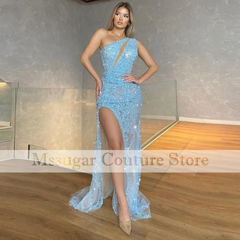 2021 Šviesiai mėlynos undinės prom suknelės High Split One Shoulder vakarinės vakarinės suknelės moterims Chalatas De bal De forme sirène