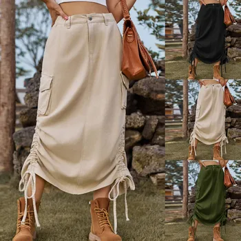 Korėjietiško stiliaus drabužiai Moteriški madingi laisvalaikio vienspalviai džinsiniai audiniai Pusiau elastinga juosmens raištis Sutraukiamas raištis žavus midi sijonas