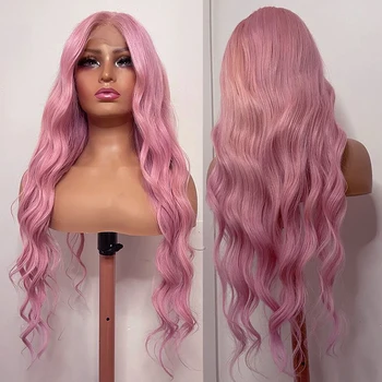 Long Body Wave Nėrinių priekis Sintetiniai perukai Rožinė natūrali plaukų linija Iš anksto nupešti banguoti plaukų perukai moterims Karščiui atsparūs pluoštiniai plaukai