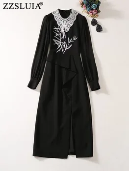 ZZSLUIA Sunkus siuvinėjimas Patchwork Dizaineris Ruffles Slim Midi suknelė Mada ilgomis rankovėmis Prancūzija Elegantiškos plyšinės suknelės Moteriškas audinys