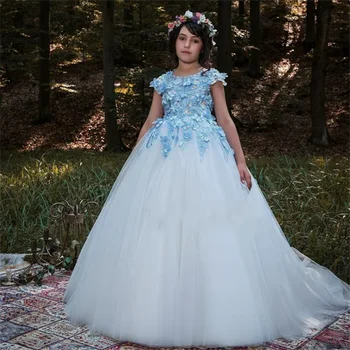 Gėlių mergaitės suknelė Balta pūkuota tiulis Mėlynas lipdukas Vestuvės Elegantiška gėlė Vaiko pirmoji princesės Eucharistijos gimtadienio šventės suknelė
