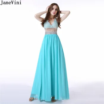 JaneVini Sexy Deep V Neck Nėriniai plius dydžio ilgos pamergių suknelės Linija be rankovių karoliukais Iliuzija Atgal Šifono prom vakarėlio chalatai