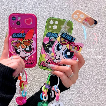 Cartoon Powerpuff Girls atverčiamas veidrodinis dėklas, skirtas iPhone 15 14 13 12 11 Pro Max X XR XS 7 8 Plus SE 2020 minkštas TPU silikoninis mielas dangtelis