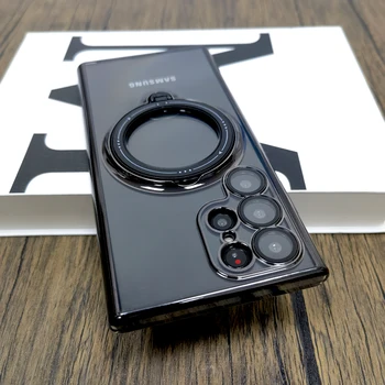 Skaidrus magnetinis žiedinis dėklas, skirtas Samsung Galaxy S23 S22 Ultra Plus A52 A54 A14 A34 5G fotoaparato objektyvo belaidžio įkrovimo skaidrūs dangteliai