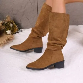 Moteriški batai 2023 Prekės ženklas: Žieminiai įsispiriami moteriški batai Aukštakulniai batai Moterys, siuvančios plisuotus smailius pirštus, stambūs kulniukai, moteriški