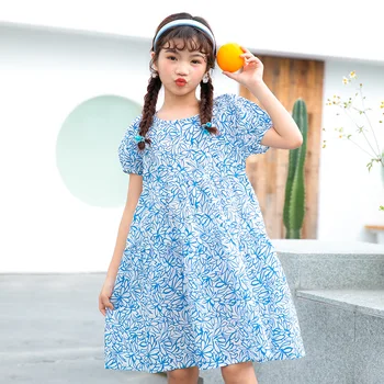 Mergaitės gėlėta suknelė 2023 m. vasara Nauji vaikai Princesės suknelė trumpomis rankovėmis Vienspalvė suknelė