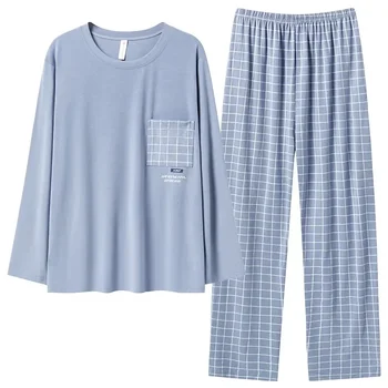 Vyrai Modal Minkštas komplektas Miego marškiniai Rudens miego drabužiai Pavasario vyrų rankovės Pižama Namų apranga Kelnėms Ilgos viršūnės + O-kaklo pižama