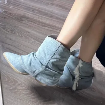 Pointy Toe Ladies Ankle Boots 2023 New Blue Canvas Denim Moteriški batai Casual Comfortable Western Cowboy Boots Botines Mujer