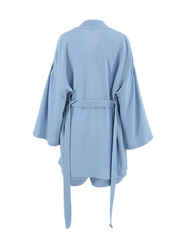 Moteriškas pižamų komplektas 3 4 rankovės atviras priekinis chalatas su šortais ir diržu Miego drabužiai Loungewear