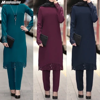 2PCS Abaya Turkija Musulmonų islamo drabužiai Moterys\\'s Pavasario rudens palaidinė Ilgos kelnės Marškiniai ilgomis rankovėmis Suknelė Moteriška apranga