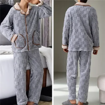 Atverčiamas kostiumo komplektas Dviejų dalių laisva apykakle Pižama ilgomis rankovėmis Žieminiai miego drabužiai Flanelė Šilta Jodimitty Vyrai Rudens kelnės