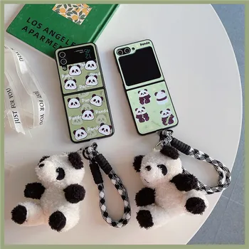 3D Cartoon Panda Lanyard telefono dėklas, skirtas Samsung Galaxy Z Flip 3 4 5 Z Flip5 ZFlip5 Matinis akrilo smūgiams atsparus galinis dangtelis