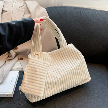 Fashion Corduroy rankinė Moterys Didelės talpos krepšys per petį Žieminis laisvalaikio dryžuotas krepšys Ladies Messenger krepšys