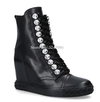 Black Leather Crystal Ankle Boots Woman New Arrival Lace-up Platform Casual Shoes Lady Increased in Wedge Shoes Sneakers