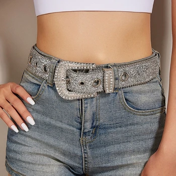 Shinning for Rhinestone Belts Women PU Leather Western Y2K Girls Belt for Jeans