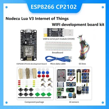 ESP-12E ESP8266 CP2102 Juoda kūrimo plokštė + 16X jutikliai + komponentų paketas + USB į nuoseklaus prievado modulį + 65 džemperis + duonos lenta